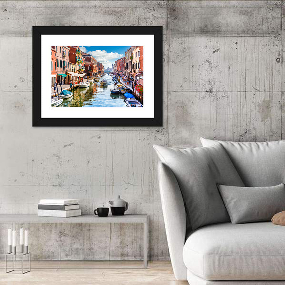 Sunlit Burano Canal, Venice Wall Art in a room, landscape