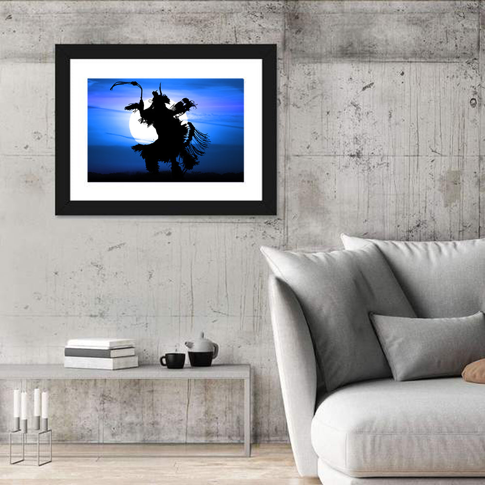 Moonlit Pow Wow Dancer Wall Art in a room, landscape