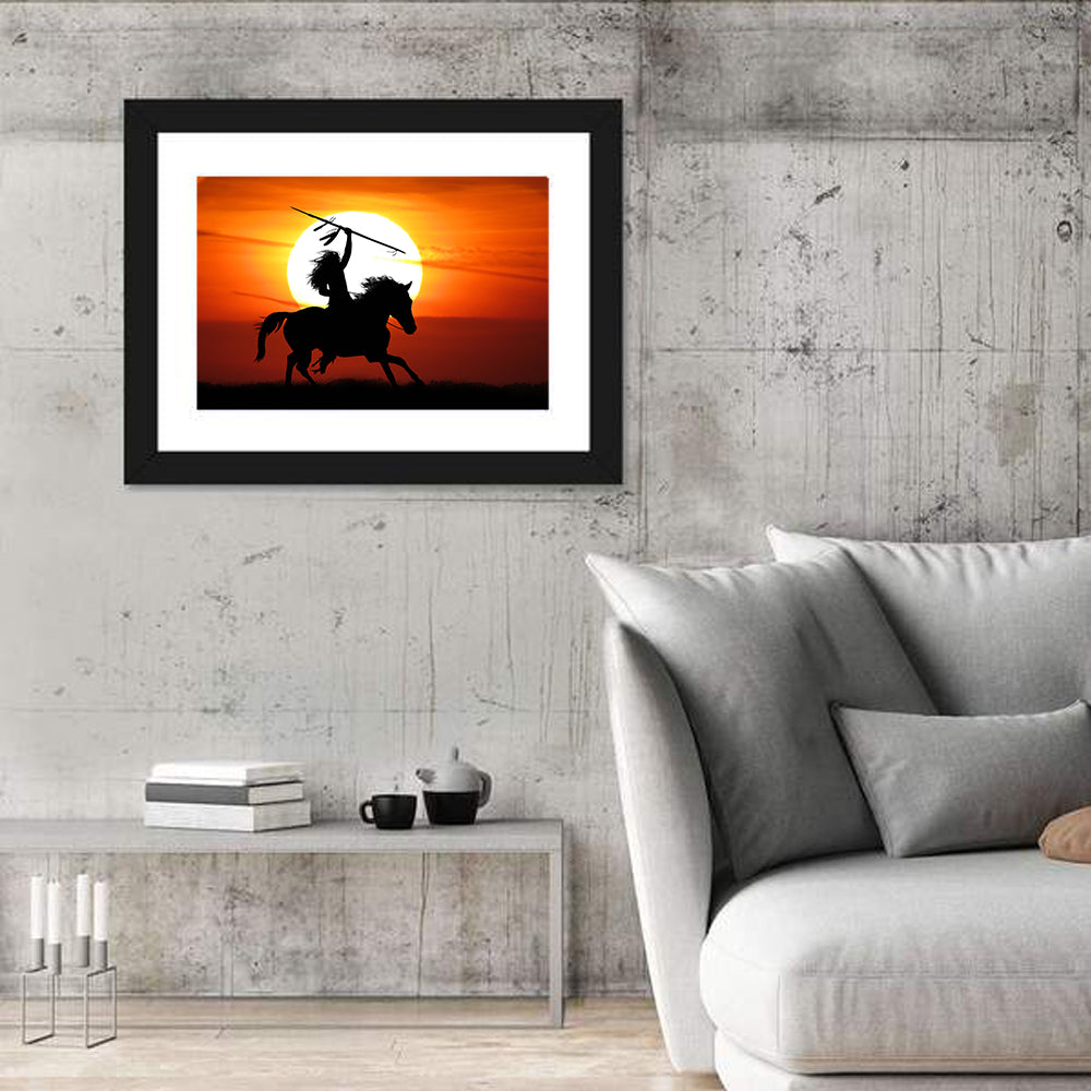 Native American Rider at Sunset Wall Art in a room, landscape