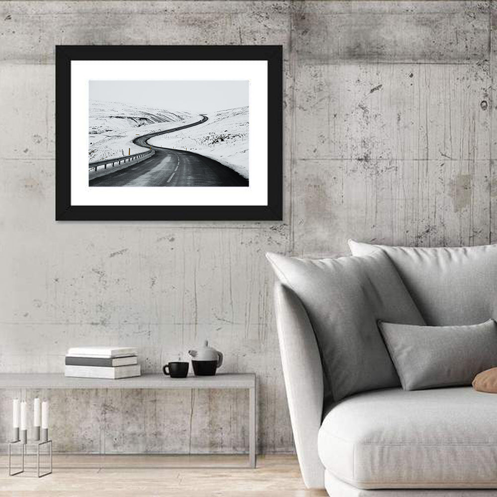 Winding Snow Road with Yellow Markers Wall Art in a room, landscape