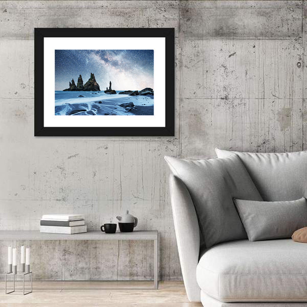 Reynisdrangar Sea Stacks Night Wall Art in a room, landscape