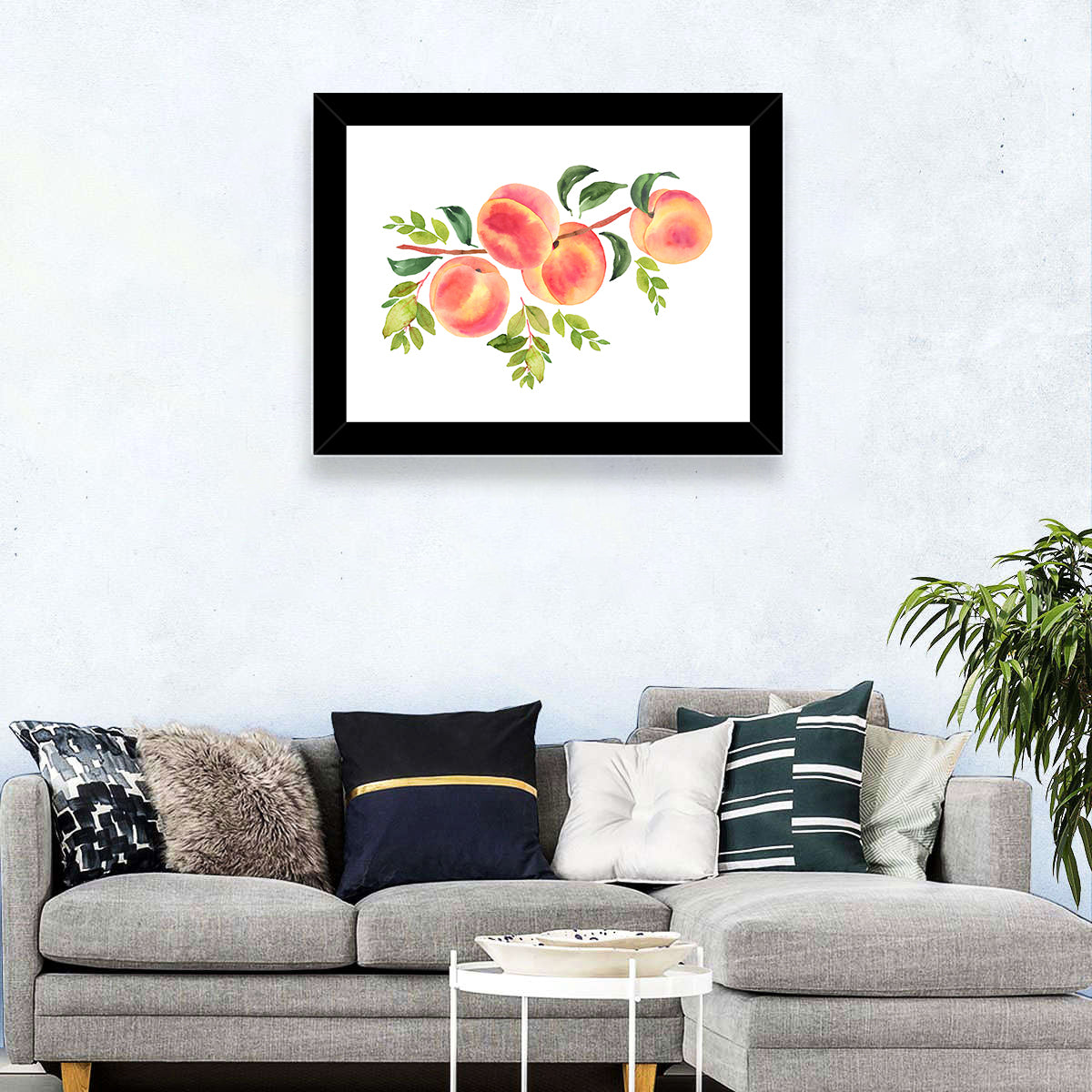 Watercolor Peach Branch Wall Art in a room, landscape