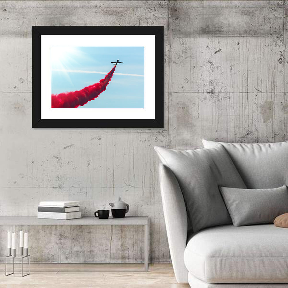 Jet with Red Smoke Trail Wall Art in a room, landscape