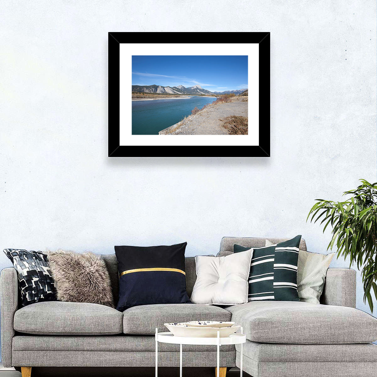 Mount Aeolus Over Athabasca Riverbank Wall Art in a room, landscape