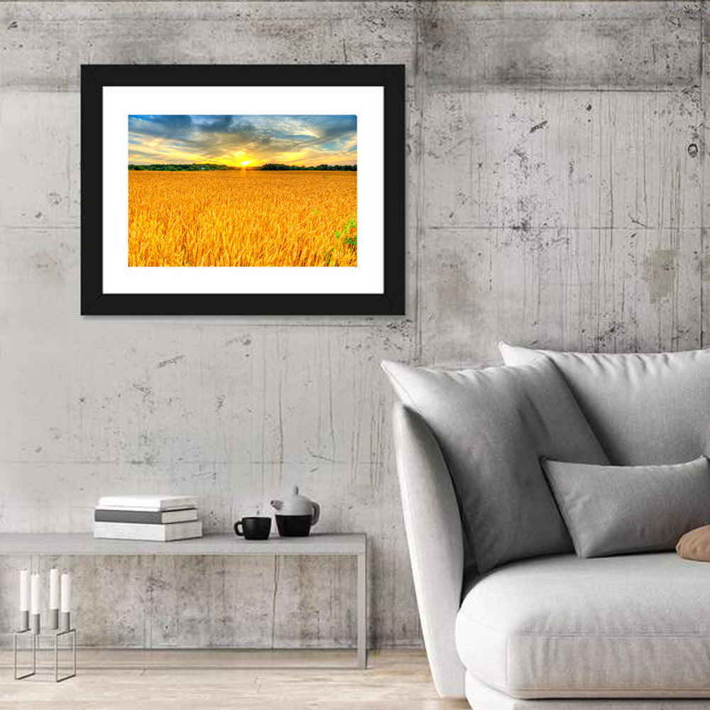 Wheat Field Sunset Wall Art in a room, landscape