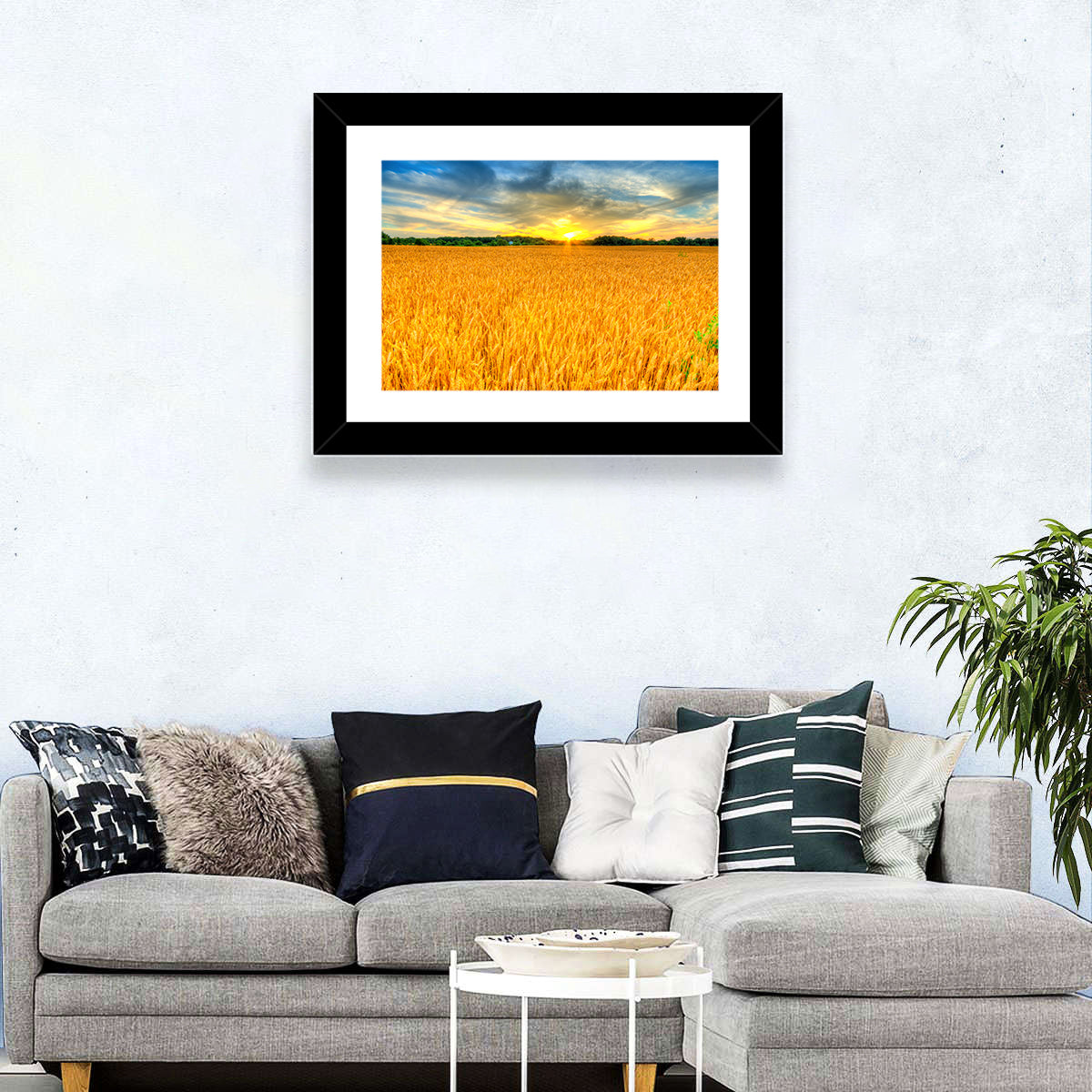 Wheat Field Sunset Wall Art in a room, landscape