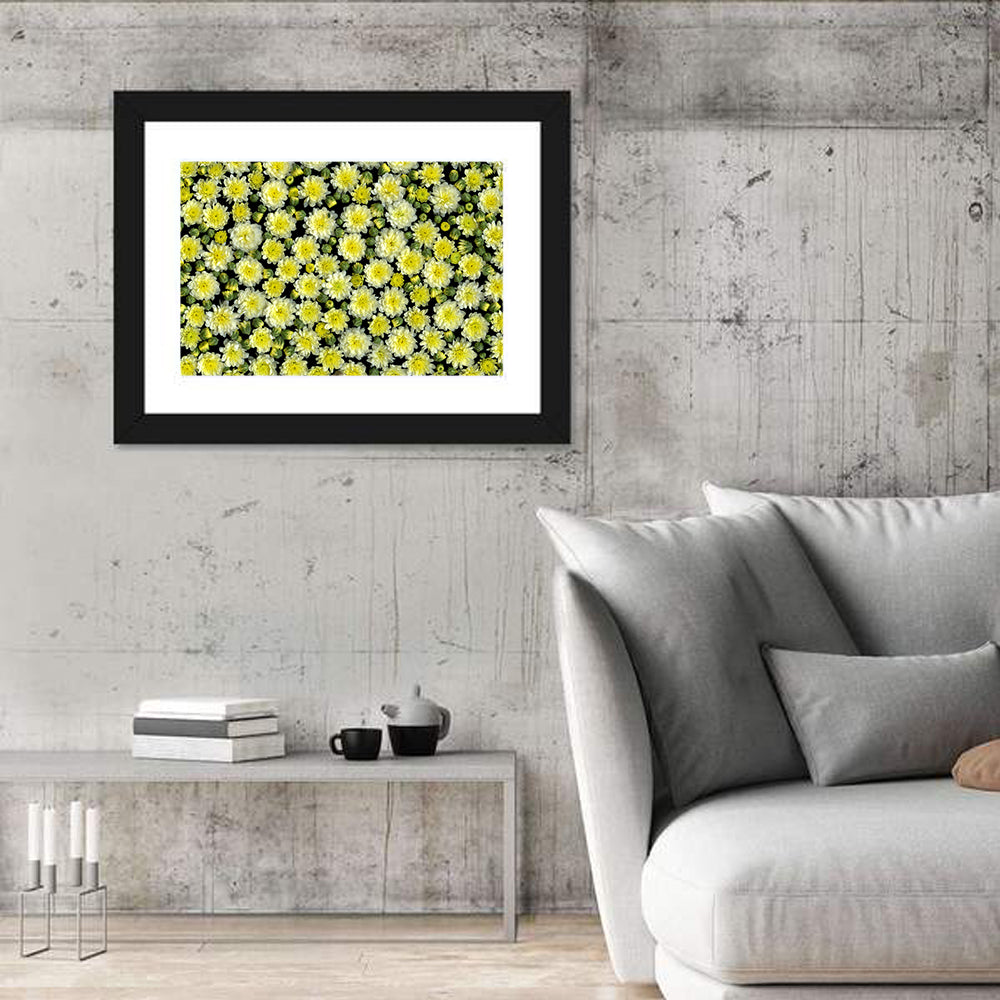 Yellow Chrysanthemum Bloom Pattern Wall Art in a room, landscape