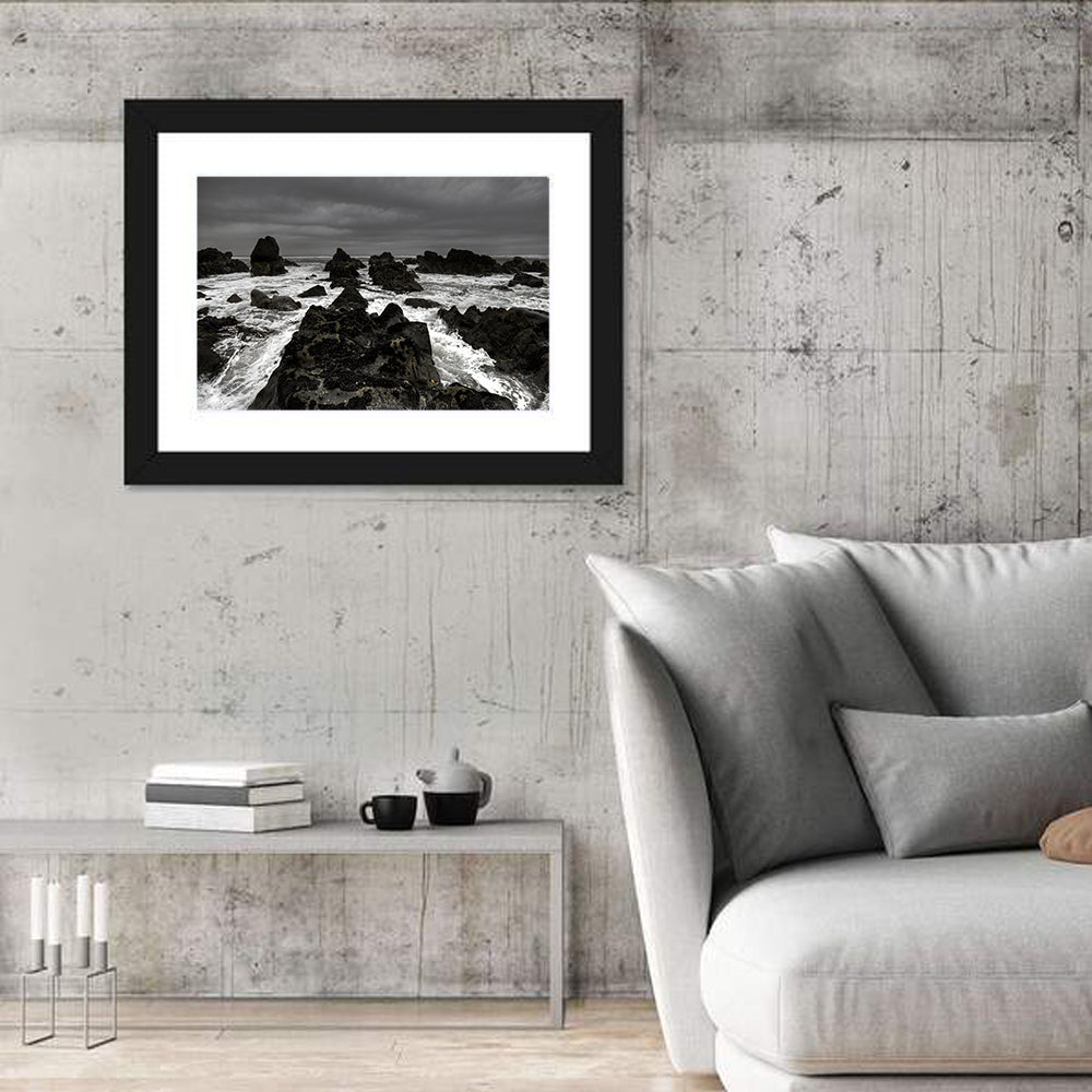 Moody Black and White Rocky Coast Waves Wall Art in a room, landscape