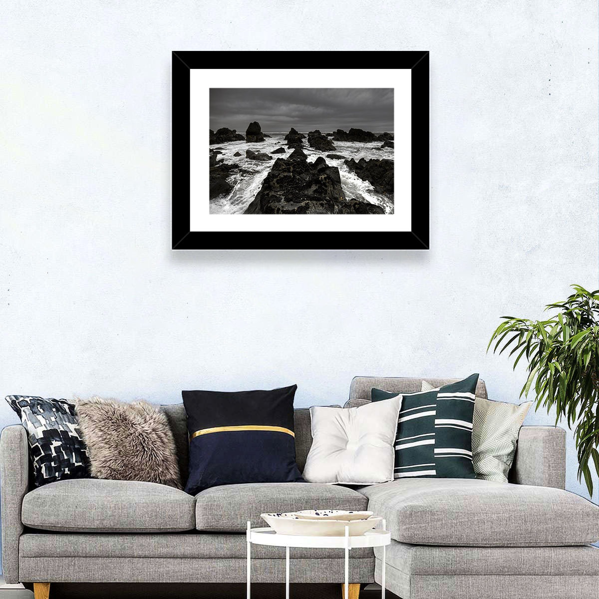 Moody Black and White Rocky Coast Waves Wall Art in a room, landscape