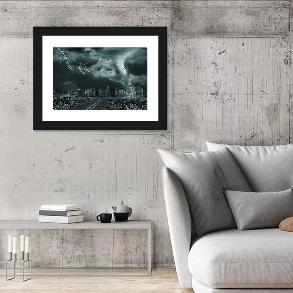 Tornado Over Destroyed City Skyline Wall Art in a room, landscape