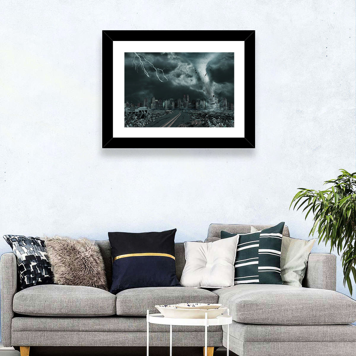 Tornado Over Destroyed City Skyline Wall Art