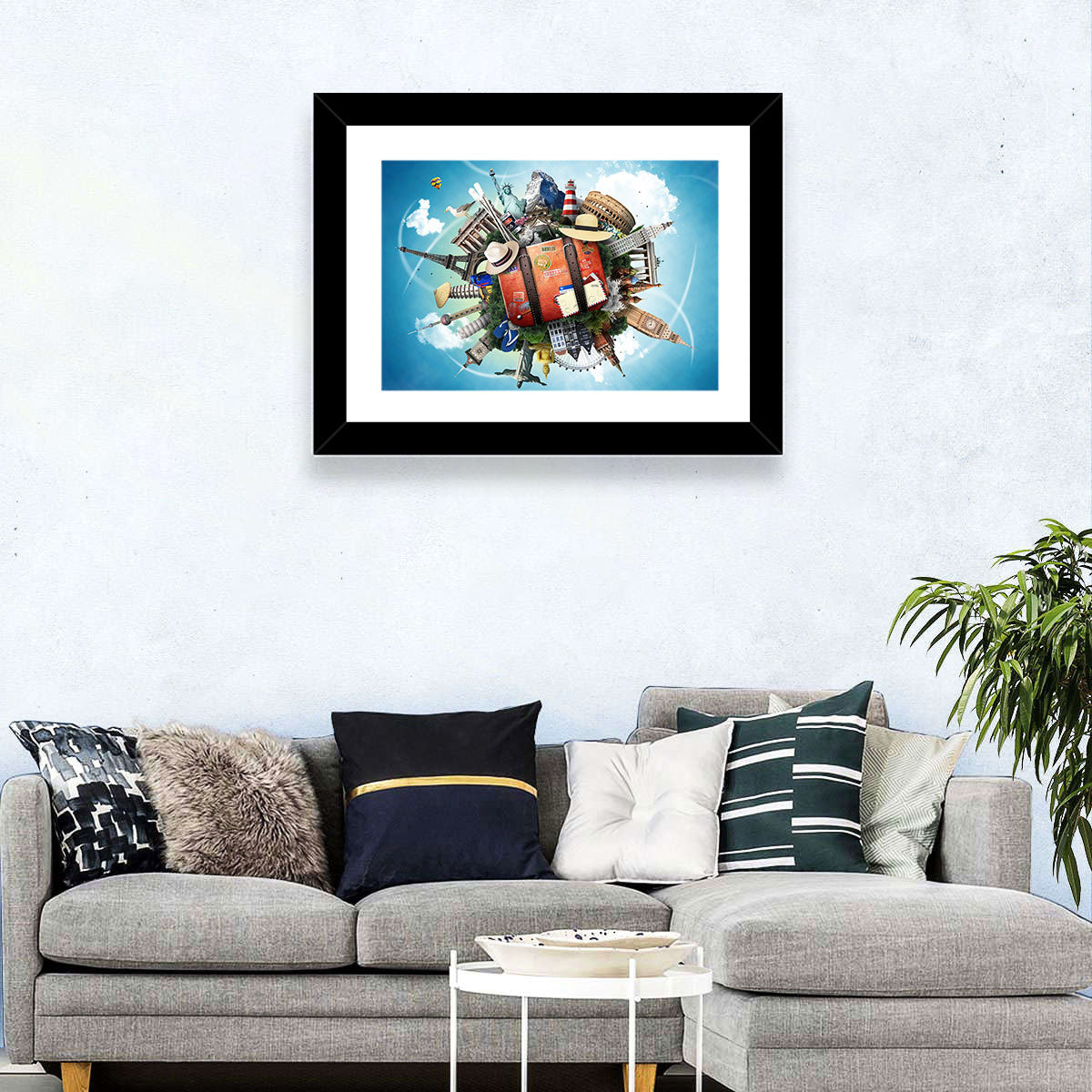 Suitcase and World Landmarks Montage Wall Art in a room, landscape
