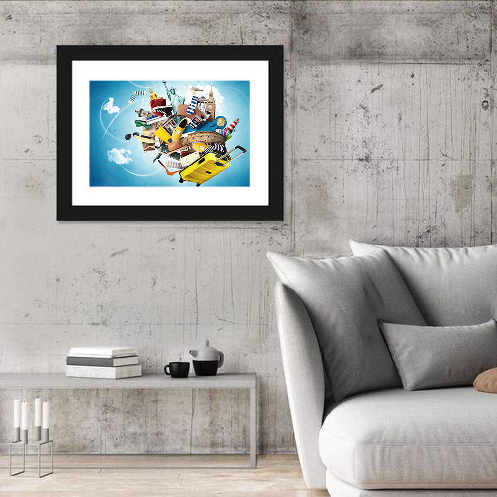Floating Landmarks with Yellow Suitcase Wall Art