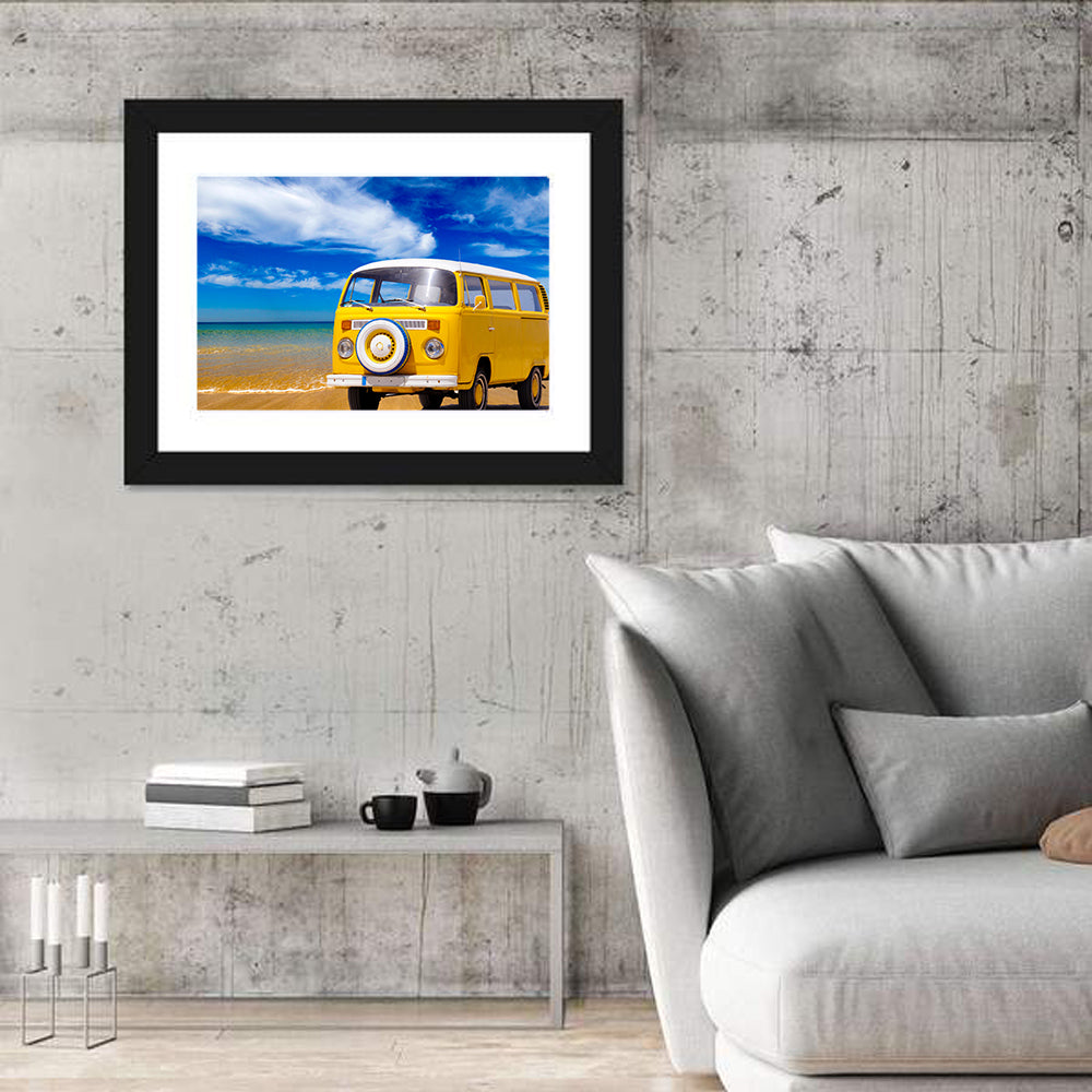 Yellow Vintage Van on Beach Wall Art in a room, landscape