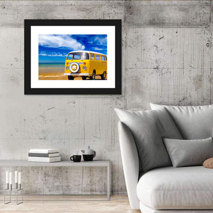 Yellow Vintage Van on Beach Wall Art