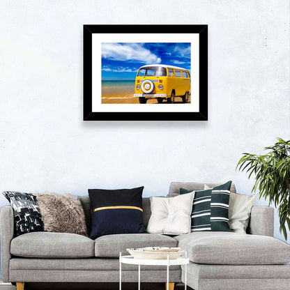 Yellow Vintage Van on Beach Wall Art