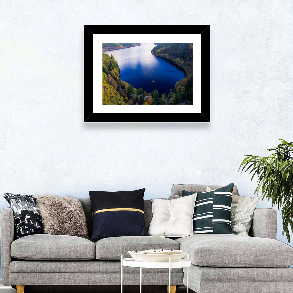 Lake Vyrnwy Aerial View Wall Art in a room, landscape