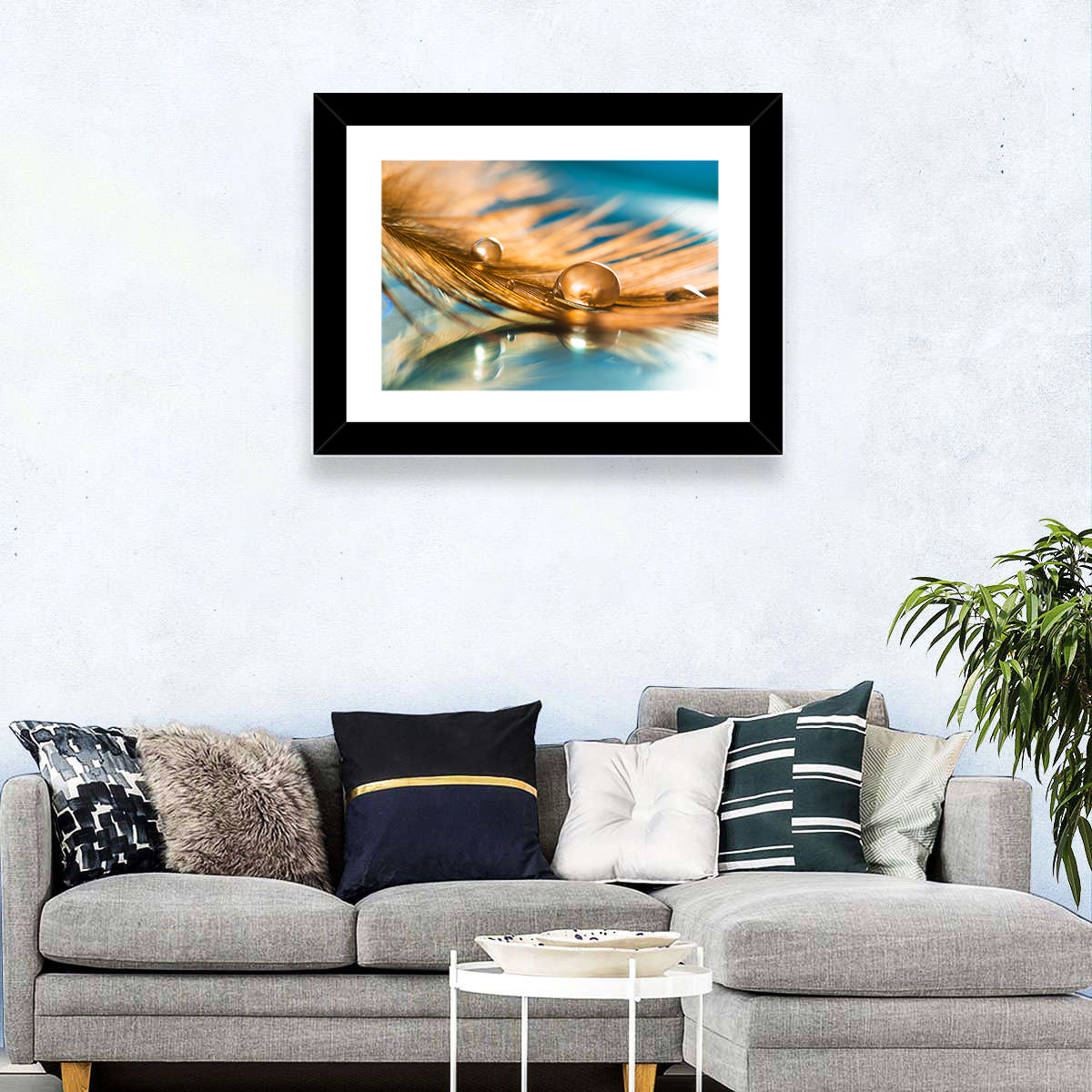 Golden Feather with Droplets Wall Art