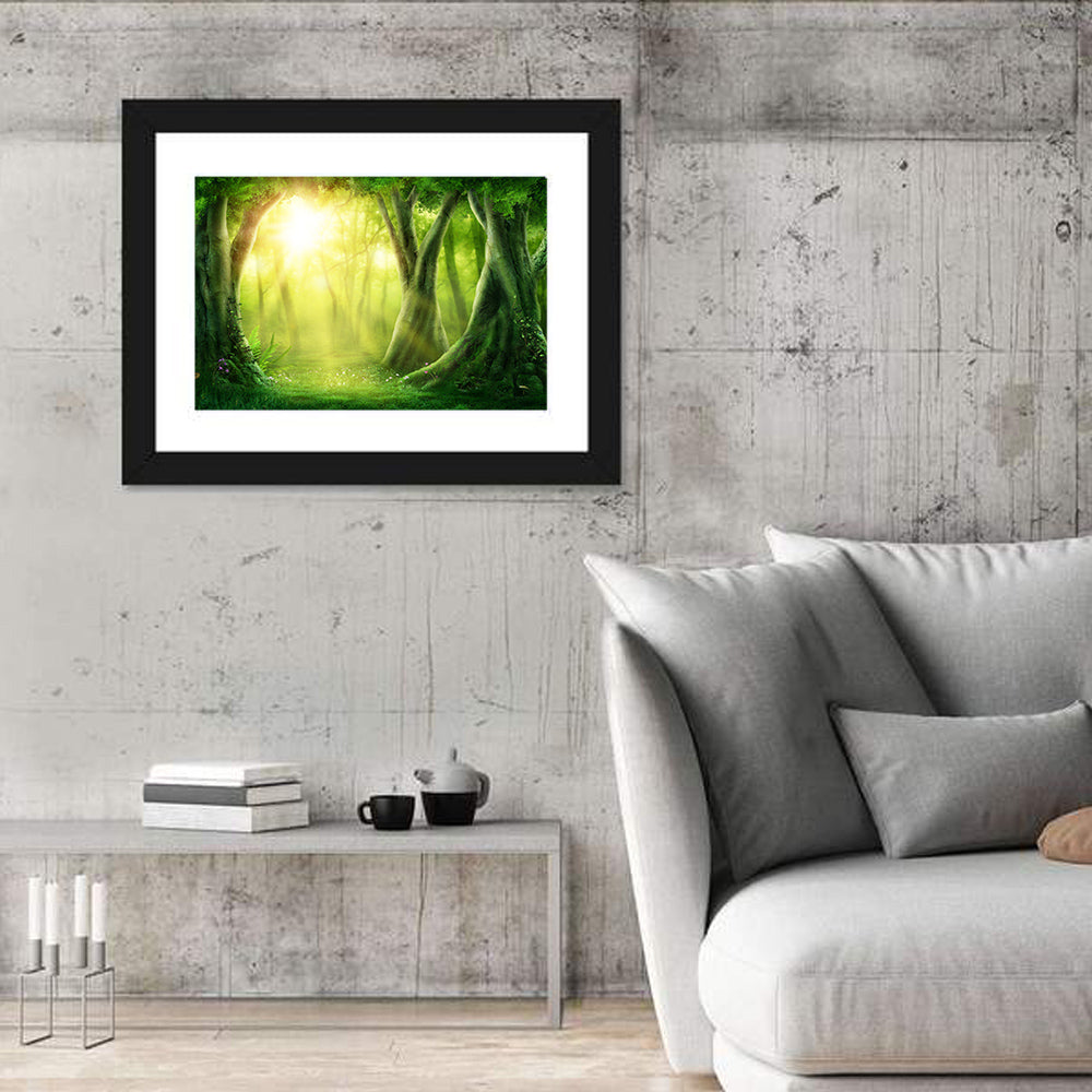 Enchanted Forest at Sunrise Wall Art in a room, landscape
