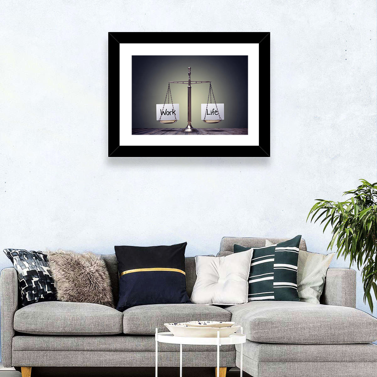 Metallic Scale: Work and Life Wall Art in a room, landscape