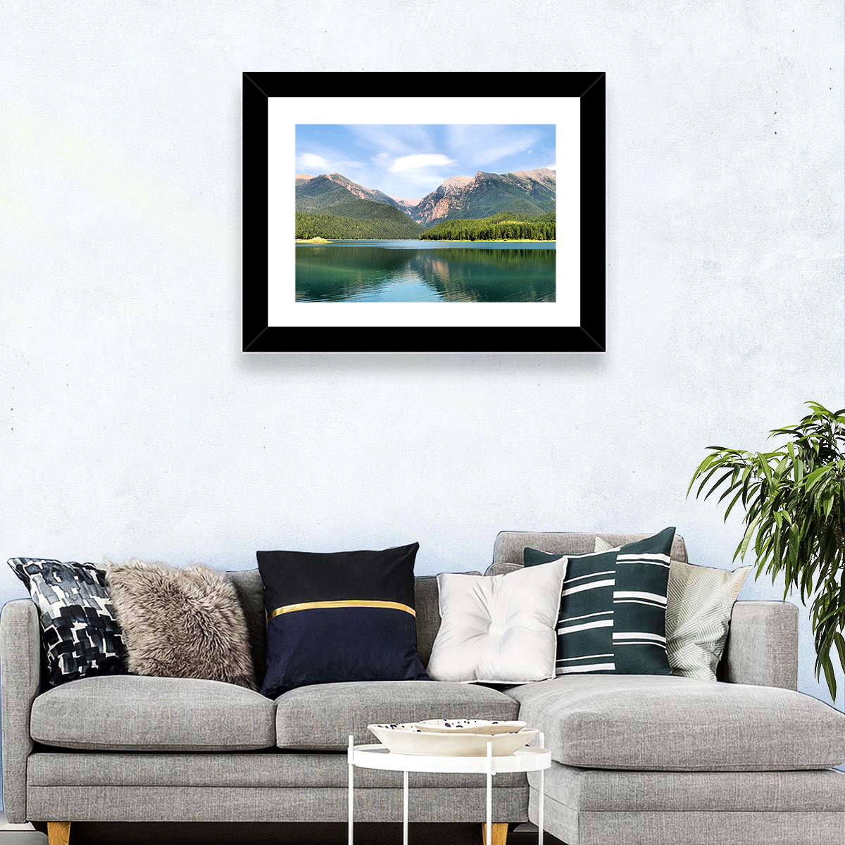 Mission Mountain Lake Reflection Wall Art in a room, landscape