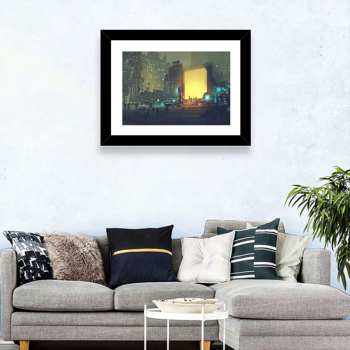Rainy Night City with Glowing Portal Wall Art in a room, landscape