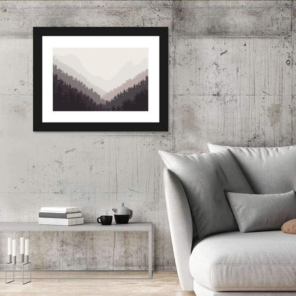 Misty Mountain Valley Illustration Wall Art in a room, landscape