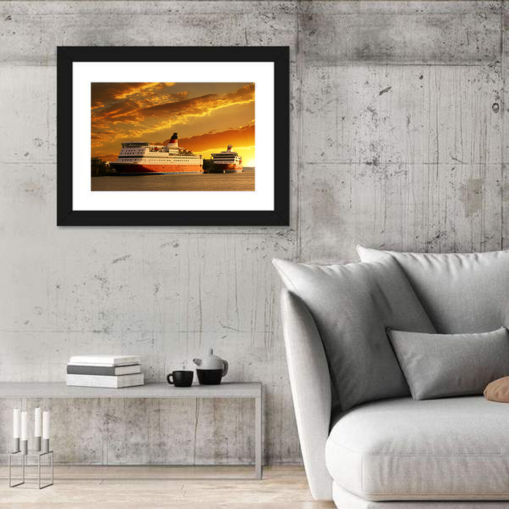 Red-hulled Cruise Ships at Dusk Wall Art in a room, landscape