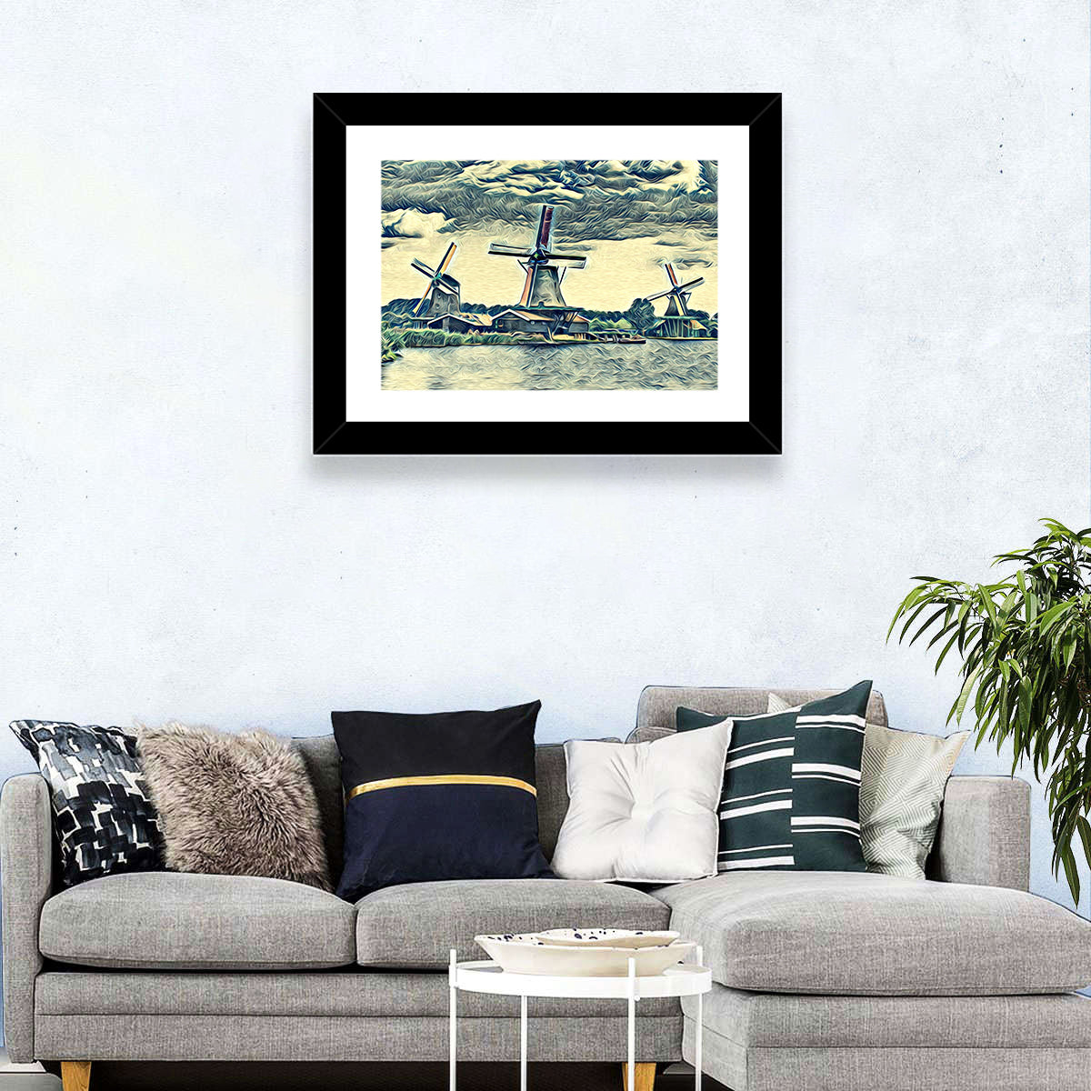 Three Vintage Windmills Wall Art in a room, landscape