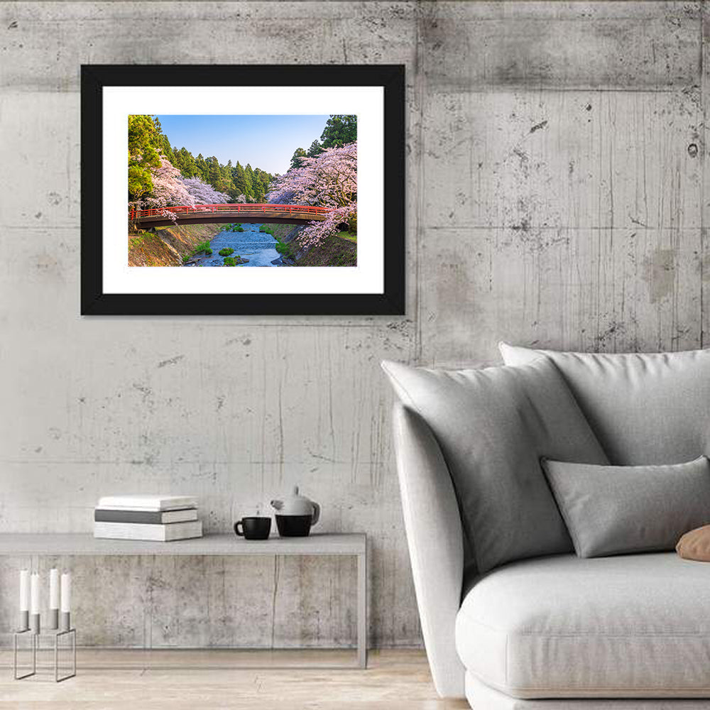 Arched Red Bridge with Cherry Blossoms Wall Art