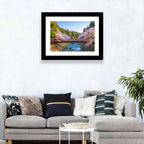 Arched Red Bridge with Cherry Blossoms Wall Art