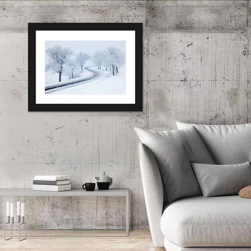 Misty Winter S-curve Road Wall Art in a room, landscape