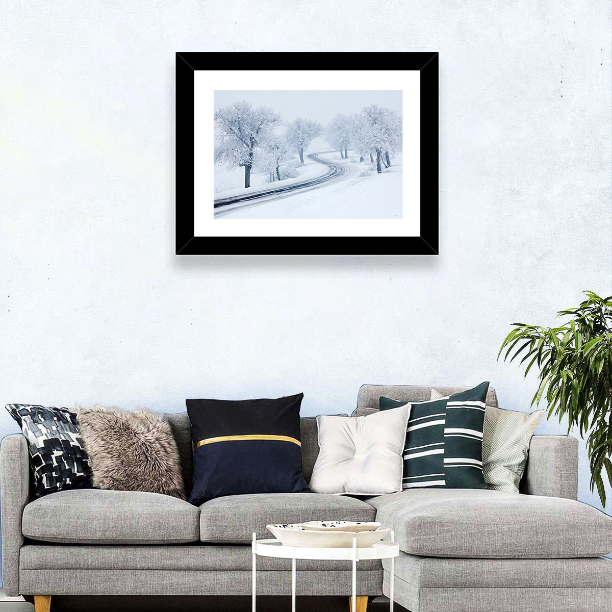 Misty Winter S-curve Road Wall Art in a room, landscape