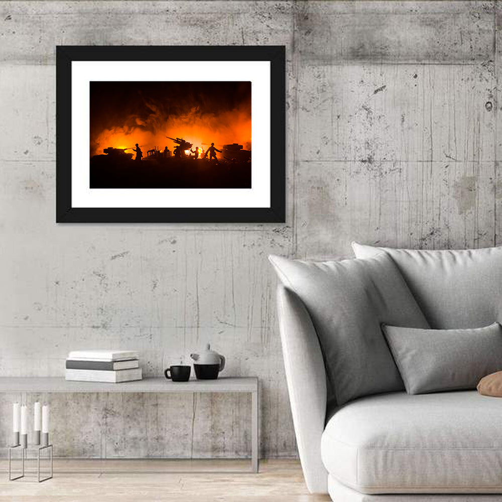 Nighttime Battlefield Silhouette Wall Art in a room, landscape
