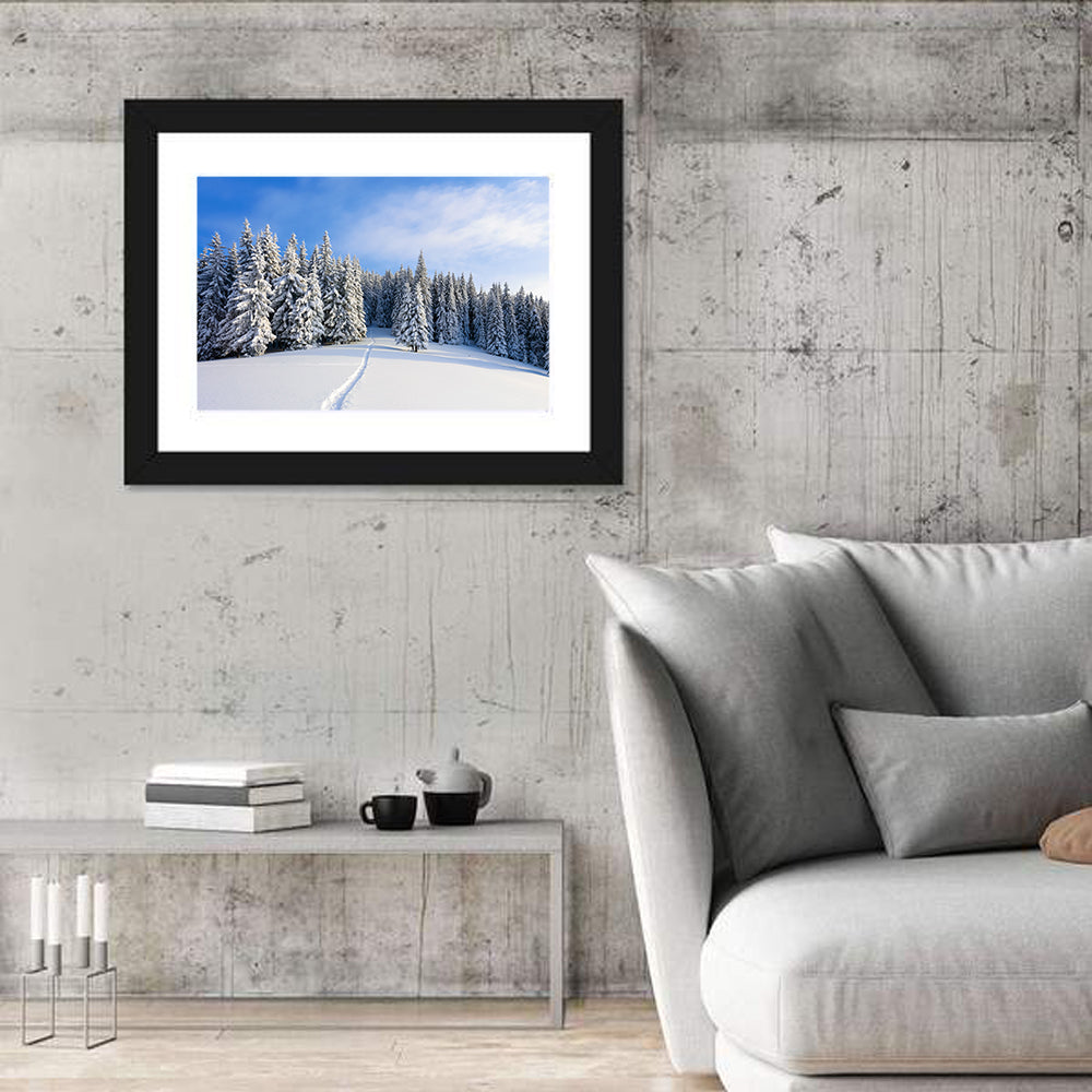 Snowy Mountain Forest Path Wall Art in a room, landscape