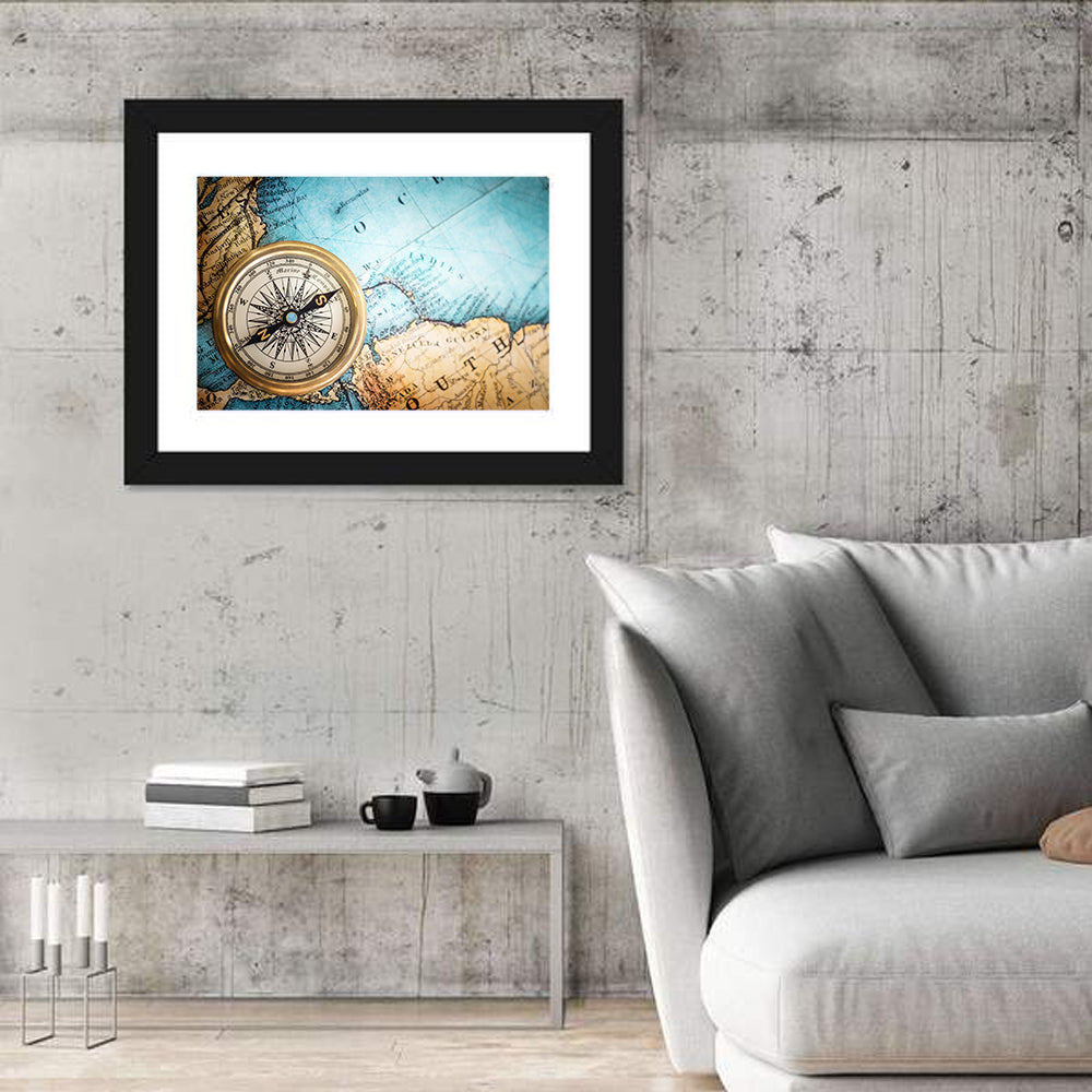 Vintage Compass Over Atlantic Map Wall Art