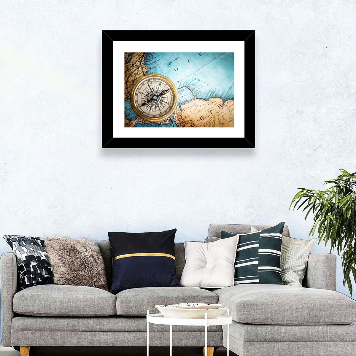 Vintage Compass Over Atlantic Map Wall Art