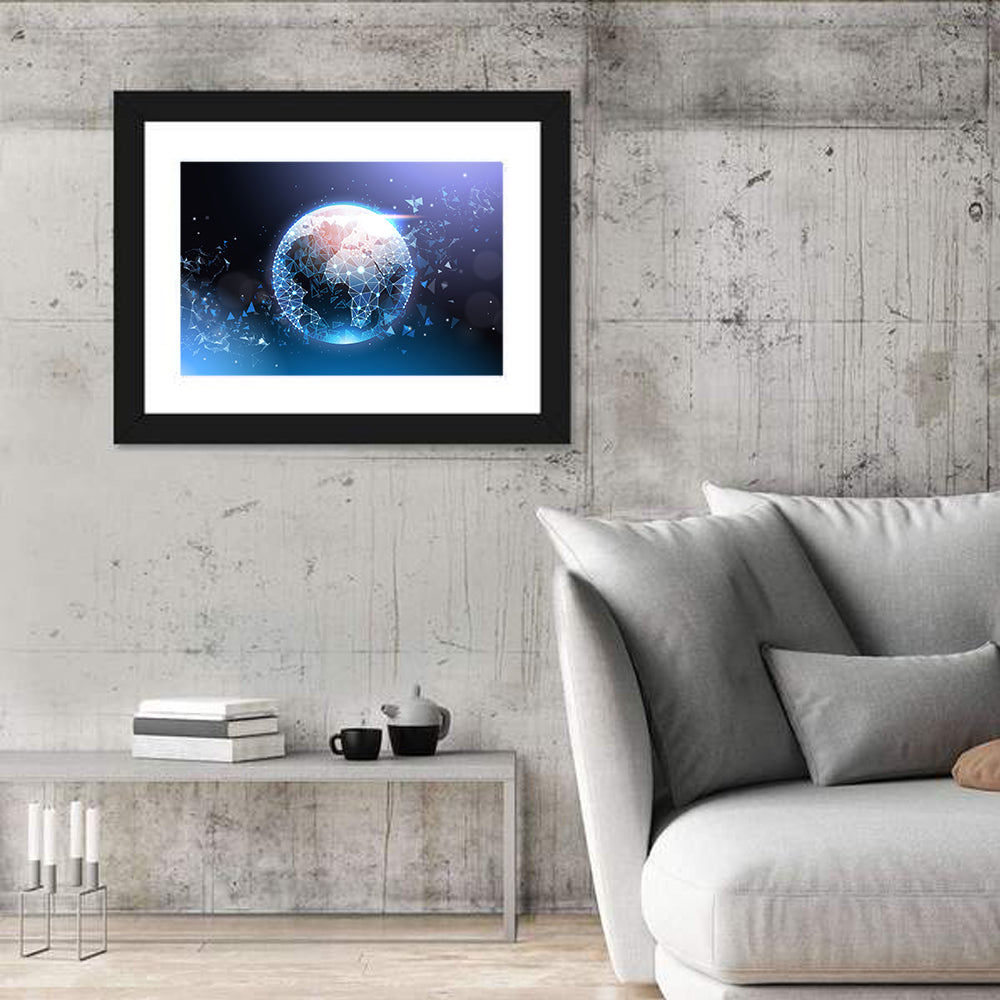 Wireframe Globe Network Wall Art in a room, landscape