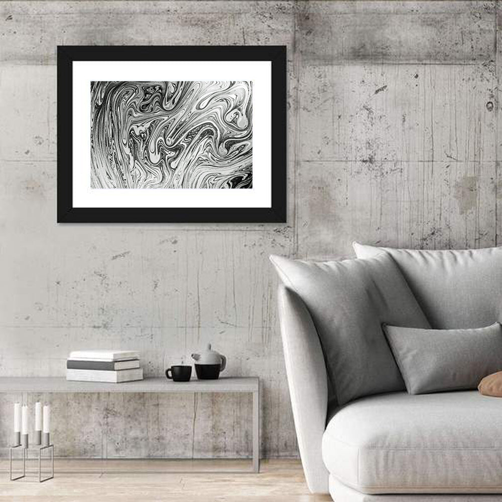 Ink Swirl Monochrome Abstract Wall Art in a room, landscape
