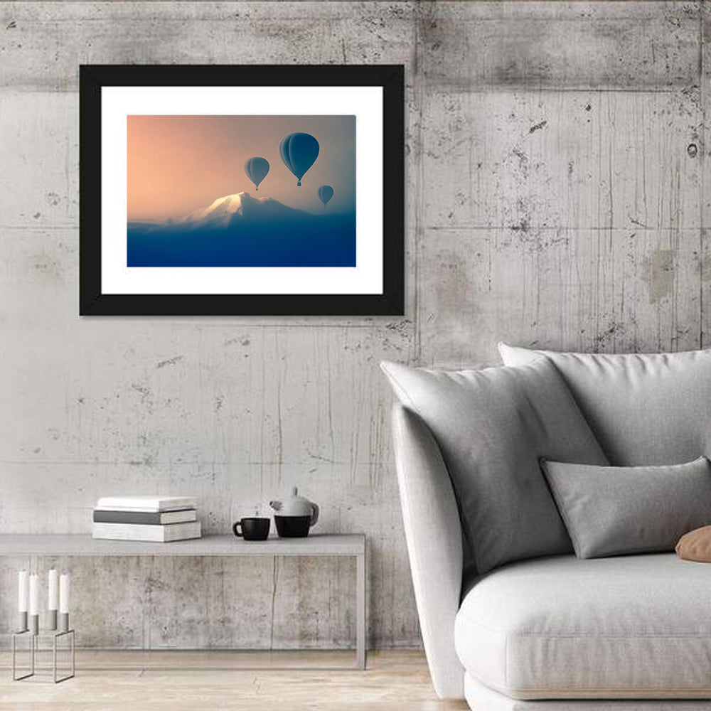 Three Hot Air Balloons Over Misty Peak Wall Art