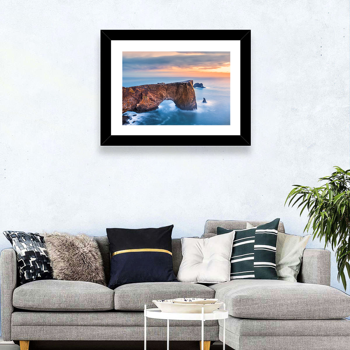 Dyrhólaey Sea Arch at Sunset Wall Art in a room, landscape