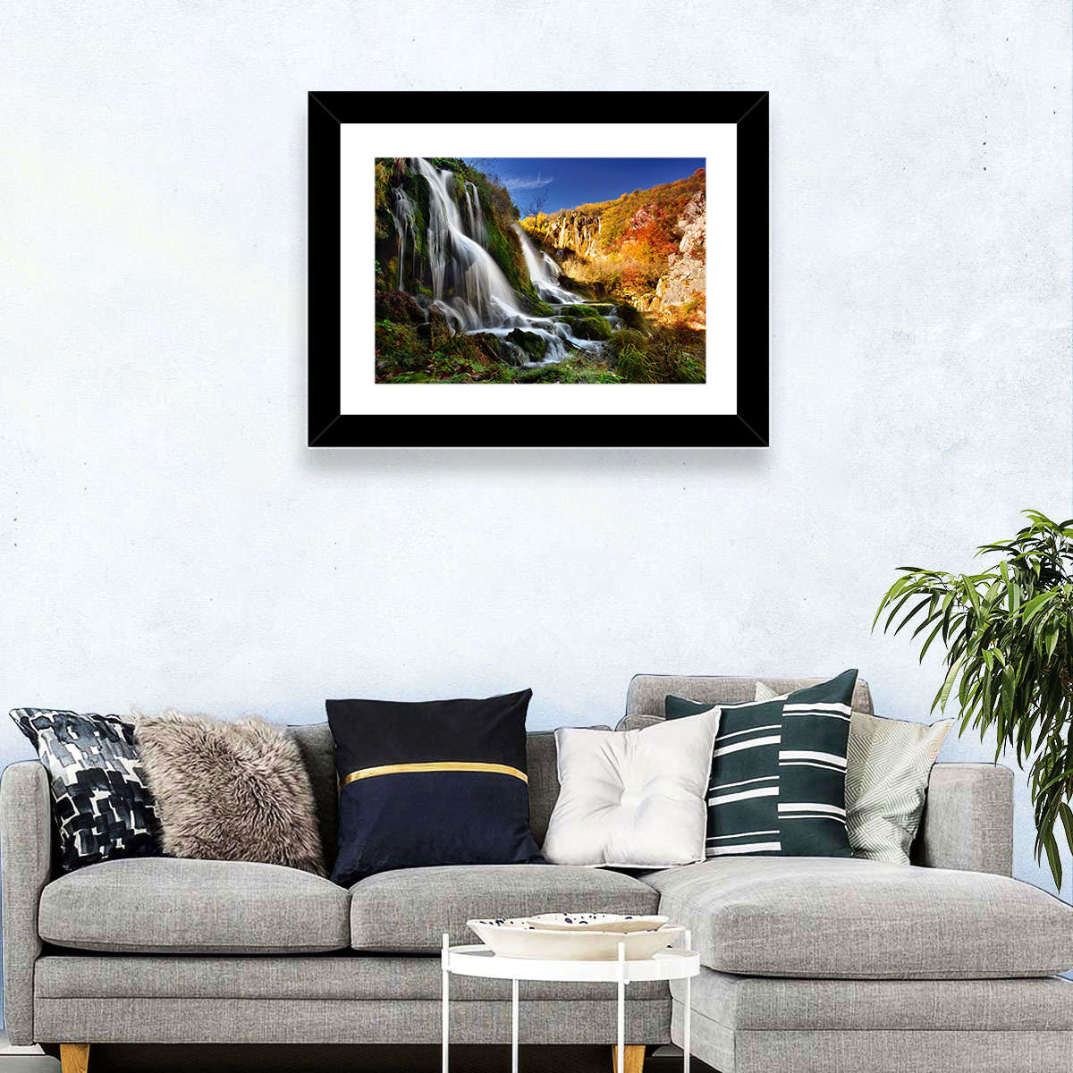 Plitvice Lakes Waterfall Wall Art in a room, landscape