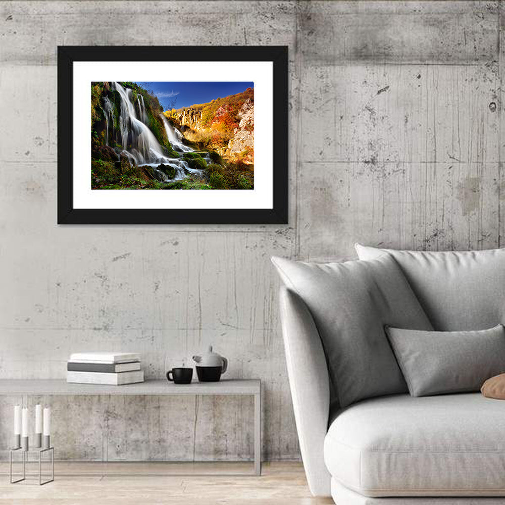 Plitvice Lakes Waterfall Wall Art in a room, landscape