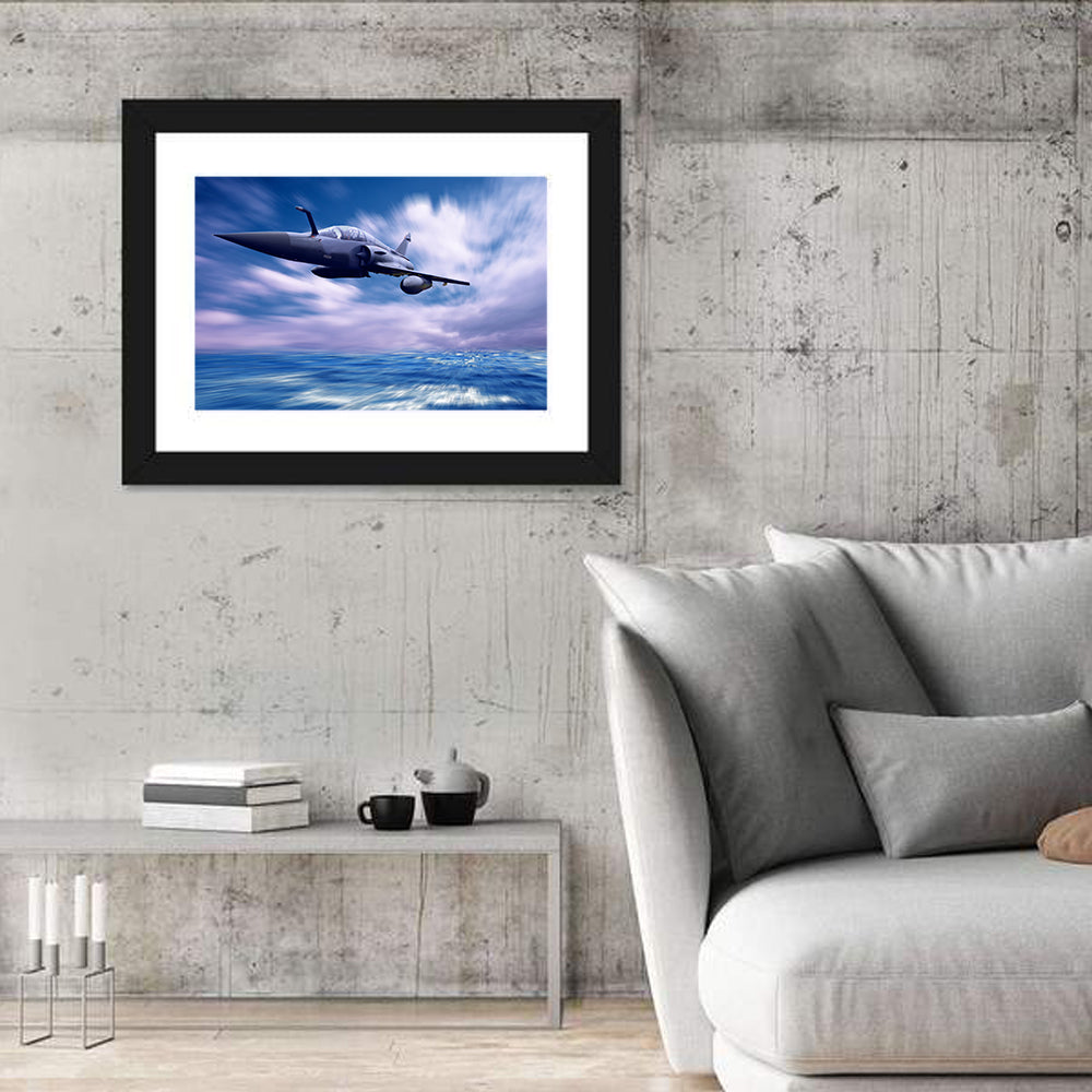 Supersonic Fighter Jet Over Ocean Wall Art in a room, landscape