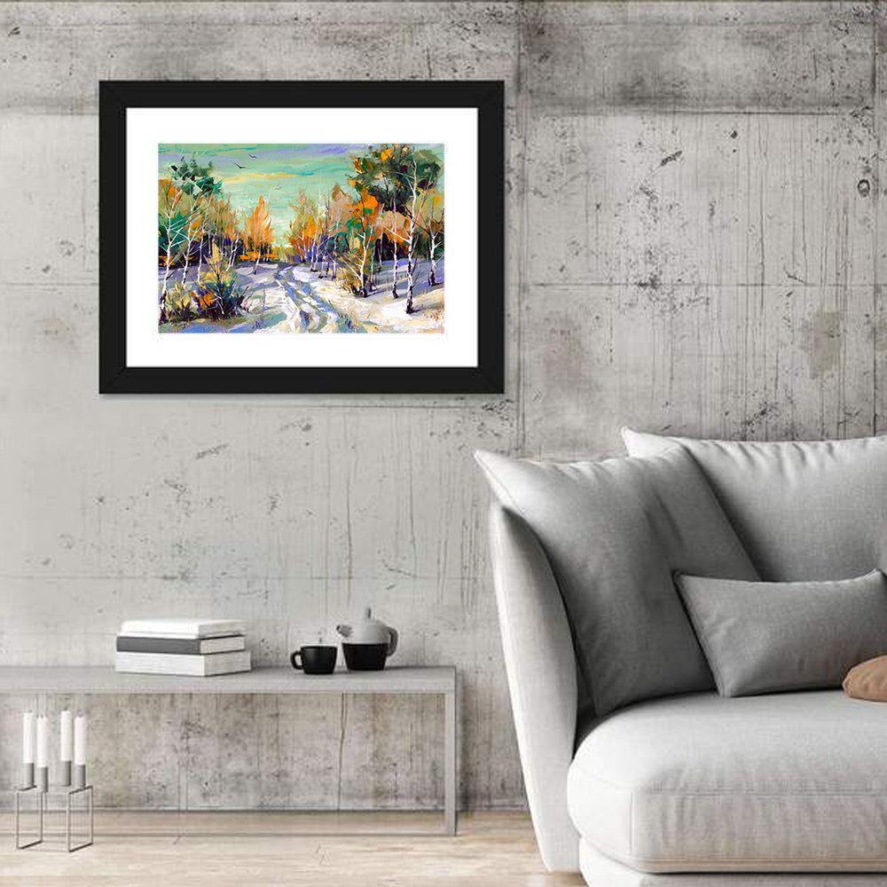 Winter Birch Forest Path Wall Art in a room, landscape
