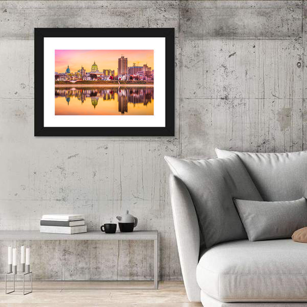 Harrisburg Golden Hour Skyline Wall Art in a room, landscape