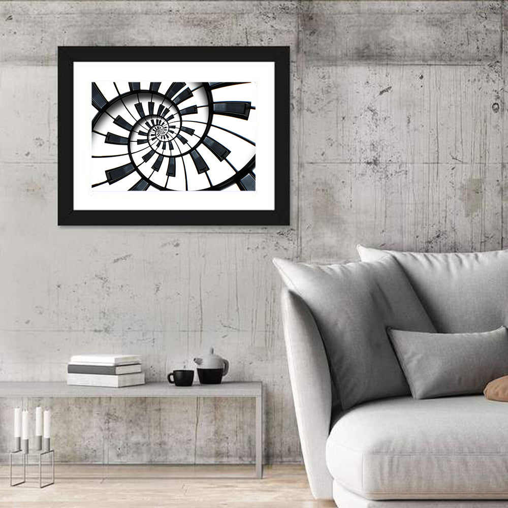 Recursive Spiral Piano Keys Wall Art in a room, landscape