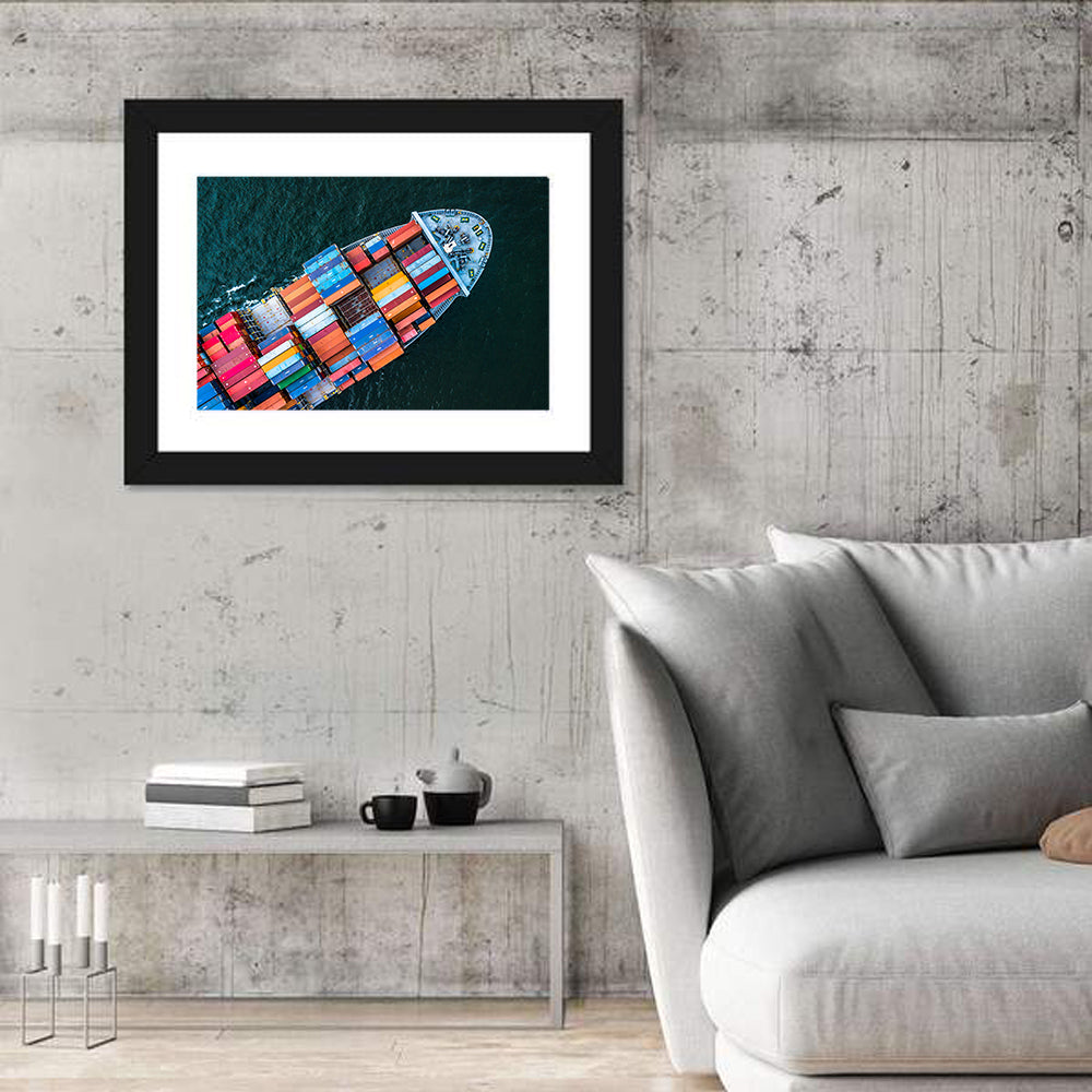 Container Ship Aerial View Wall Art in a room, landscape