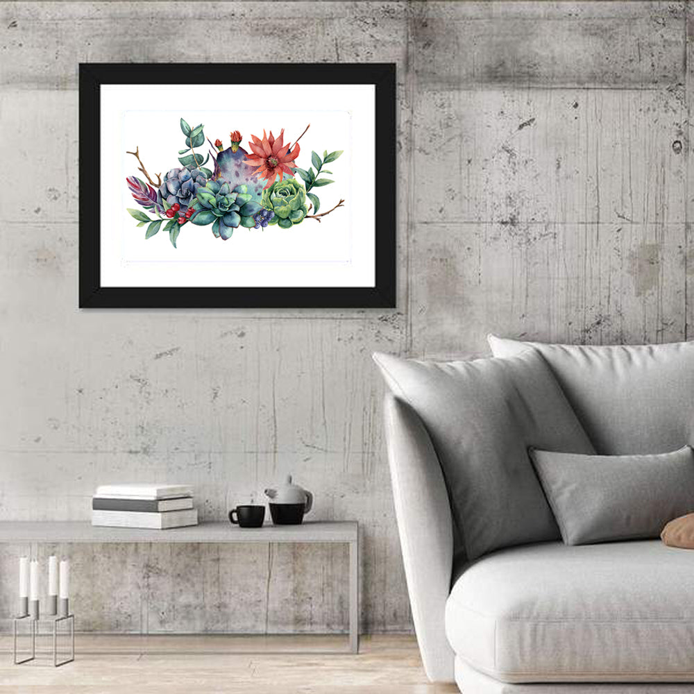 Succulent and Cactus Bouquet Wall Art in a room, landscape