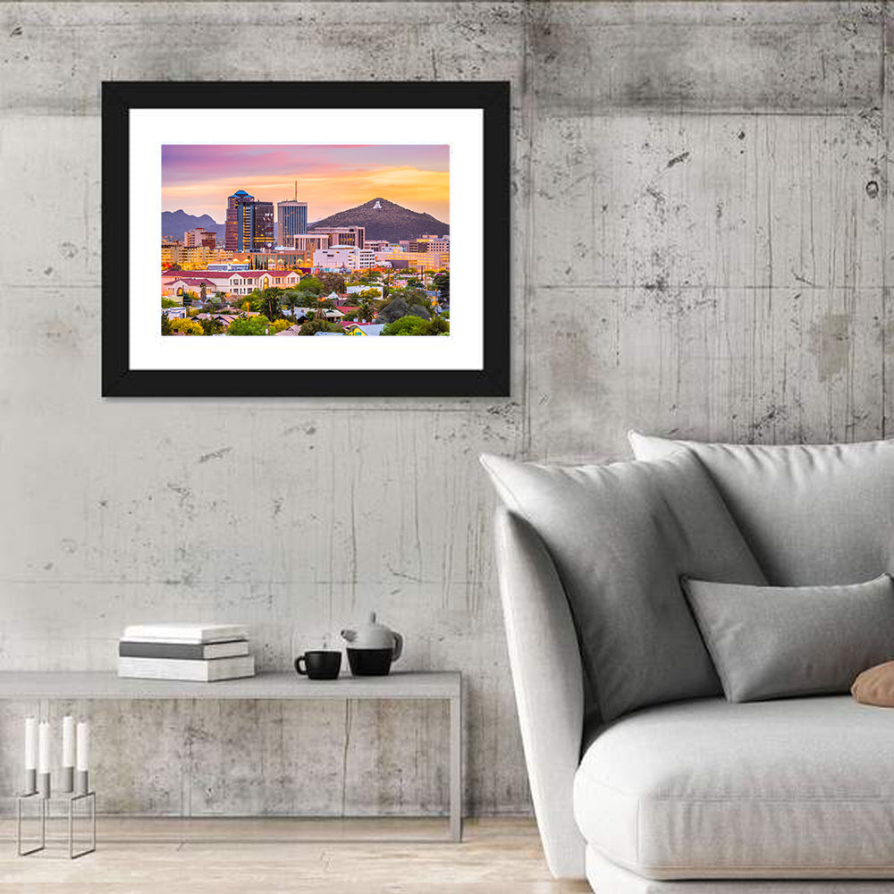 Tucson Skyline at Golden Hour Wall Art in a room, landscape